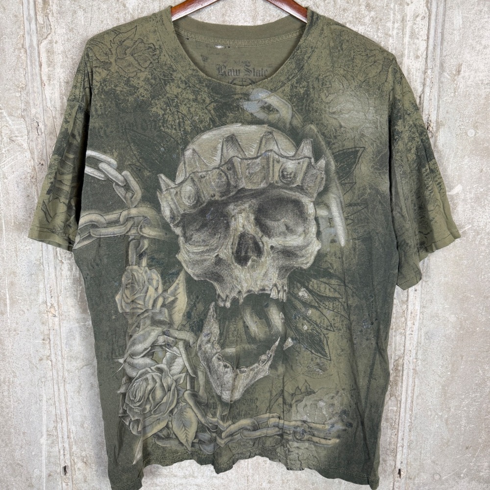 Raw State Mens XL Olive Green Skull Crown Chains Roses Graphic TShirt Distressed
